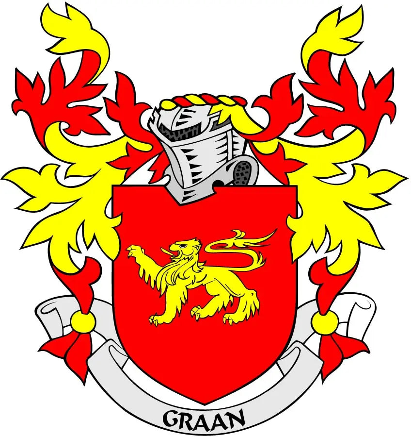 3-inch family crest coat of arms magnet with red shield, lion, and GRAAN banner