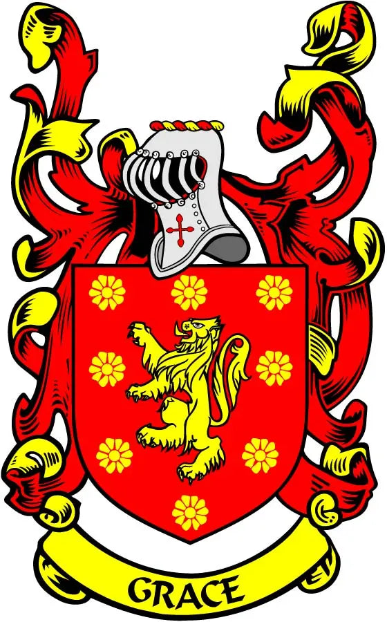 Grace family crest coat arms magnet with red and yellow shield and lion, 3-inch