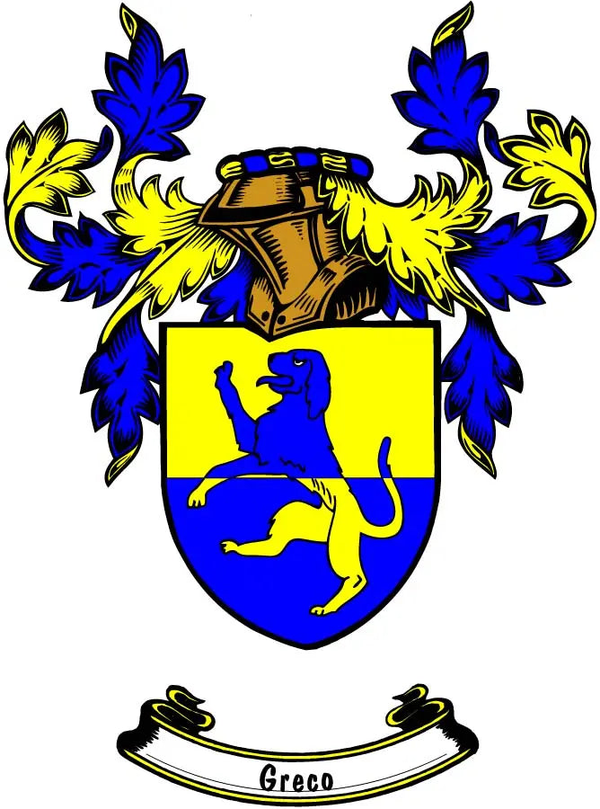 Greco family crest arms magnet, 3-inch round emblem with blue lion and decorative scroll