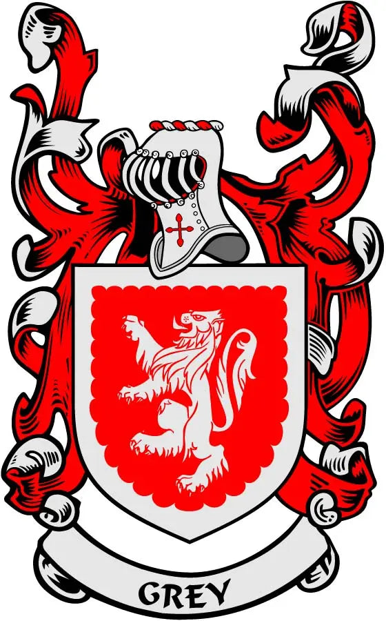 3-inch family crest coat arms magnet with red lion shield and GREY banner