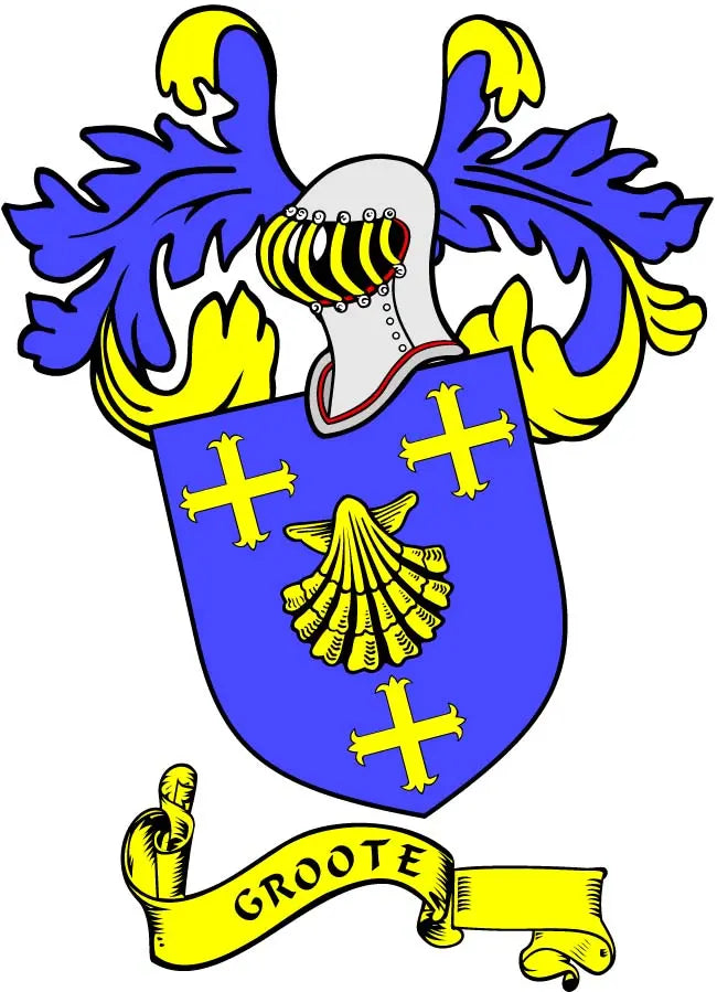 Groote family crest coat of arms magnet with blue shield, crosses, and banner