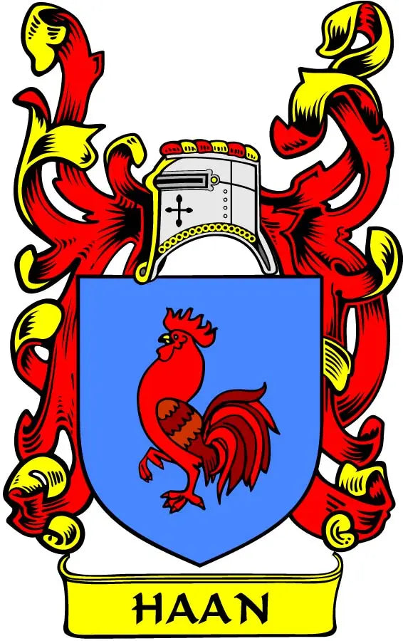 Coat of arms magnet with blue shield, red rooster, and HAAN banner, red-and-yellow supporters