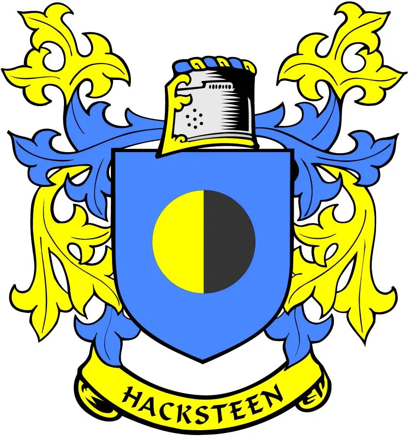 Hacksteen coat of arms pinback badge with blue shield and yellow-black emblem