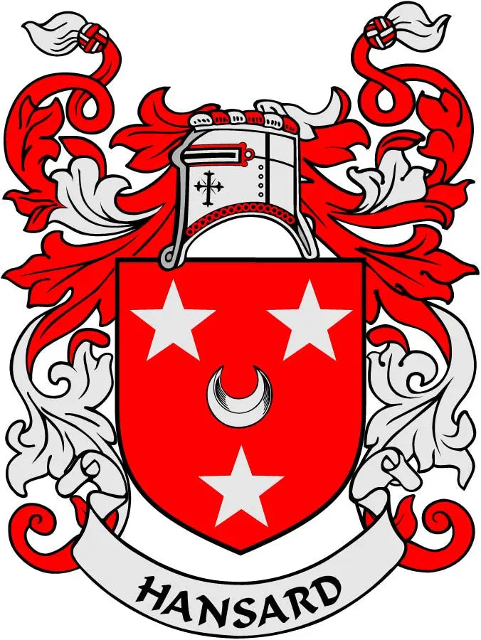 Hansard family crest coat of arms shield magnet, 3-inch with red stars and scroll text