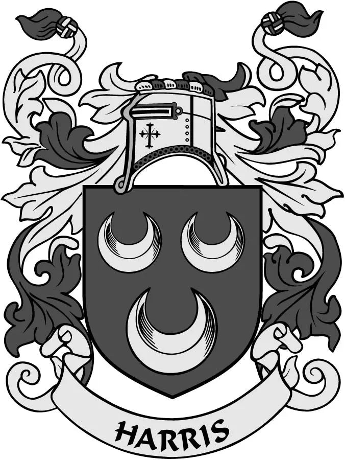Harris family crest coat of arms magnet with black-and-white shield and “HARRIS” text