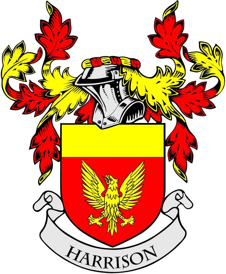 3-inch family crest coat of arms magnet with red shield, yellow eagle, and Harrison banner