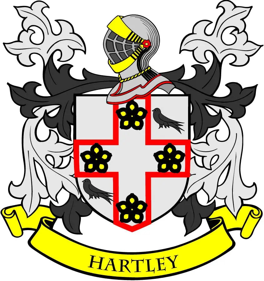 Hartley family crest arms magnet with black-and-red shield, yellow cross, and ribbon