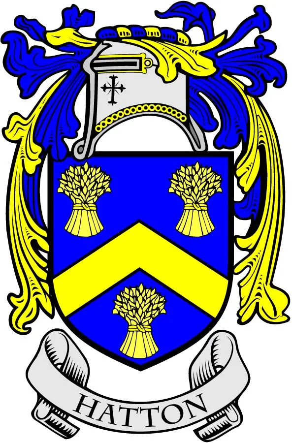 Coat of arms magnet with Hatton crest shield, blue and gold stripes, “HATTON” banner