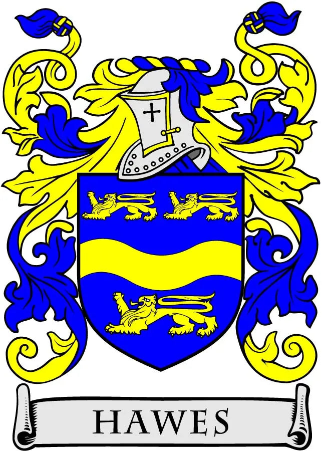 Hawes family crest arms coat magnet with blue and yellow heraldic shield and scroll