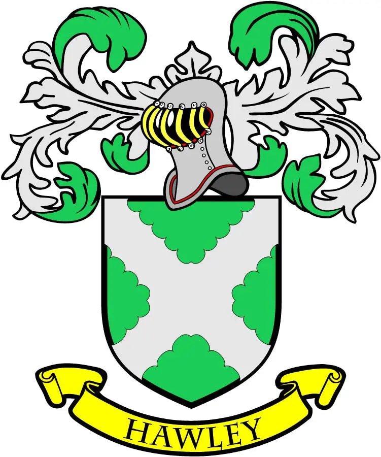Hawley family crest coat arms magnet with green-and-white shield and HAWLEY banner
