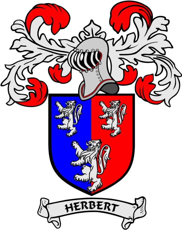 Herbert family crest coat arms magnet with shield, lions, red/blue and banner text HERBERT