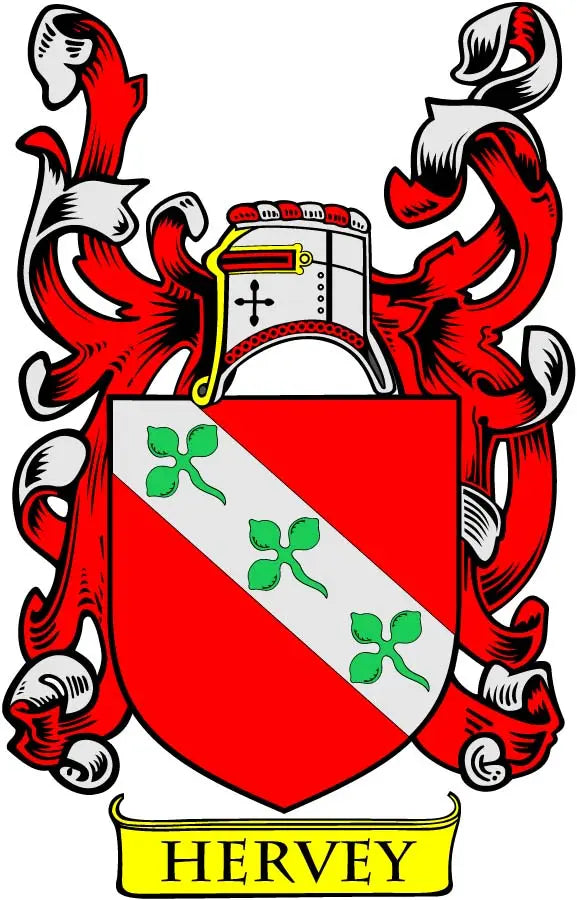 Hervey family crest coat of arms magnet with red-and-white shield and green crosses
