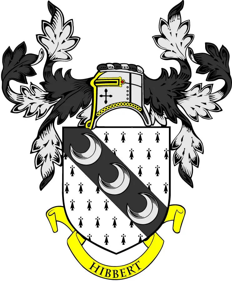 Hibbert coat of arms shield magnet with black, white, and yellow crest design
