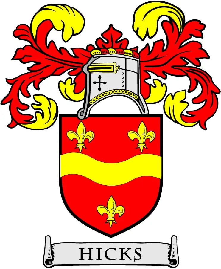 Hicks crest pinback with red/yellow shield, fleur-de-lis, and helmet