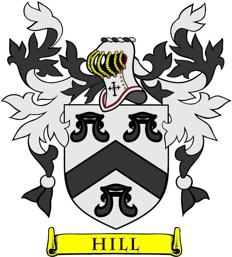 Hill family crest coat arms magnet with shield, flames, and ribbon reading HILL