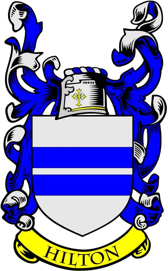 Hilton family crest coat arms magnet with blue lion supporters and shield reading HILTON
