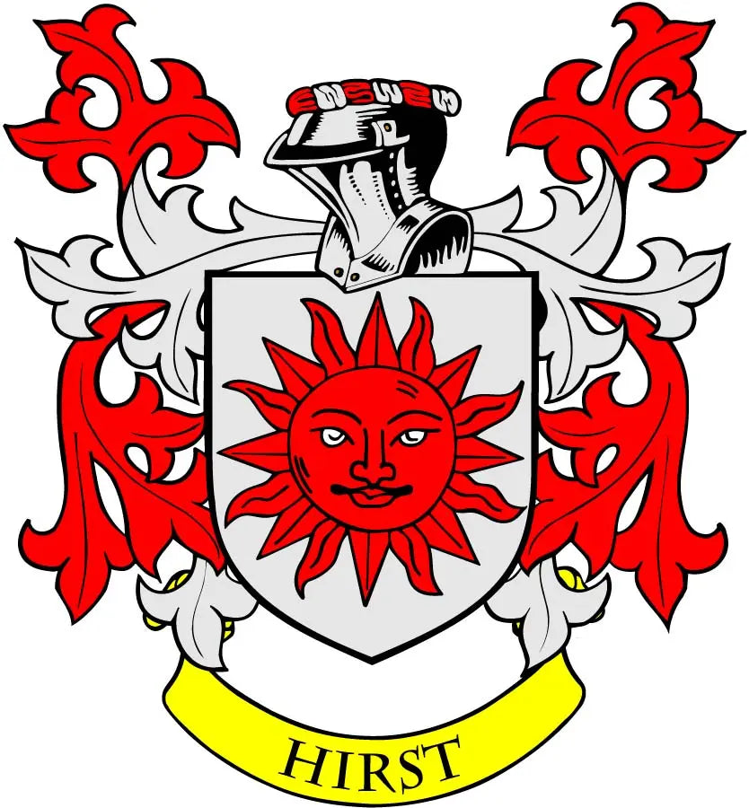 Hirst family crest coat of arms magnet, 3-inch shield with sun emblem and banner
