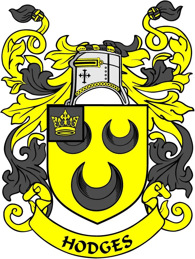 Yellow and black family crest coat of arms pinback with Hodges banner