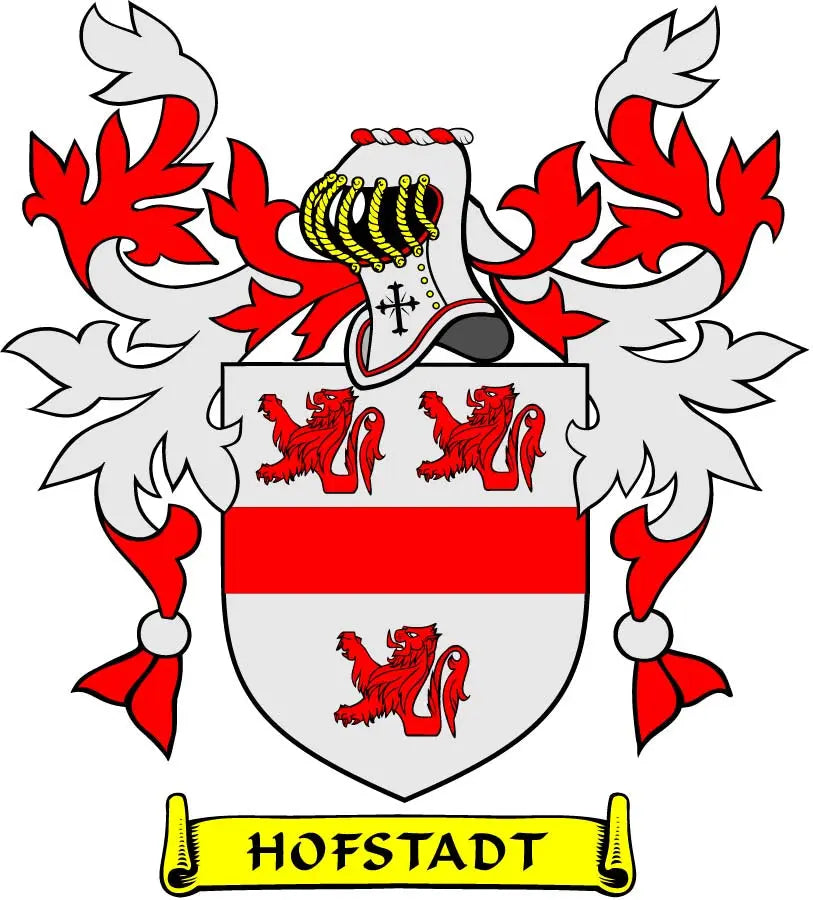 Hofstadt family crest coat of arms magnet with shield, helmet, red flames and banner