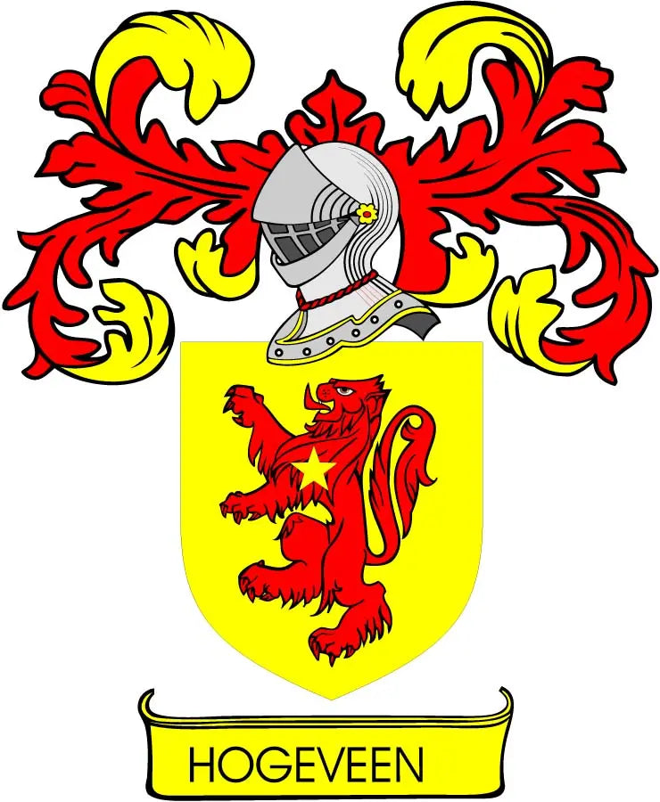 Family crest coat of arms magnet with HOGEVEEN shield, red lion and yellow flames