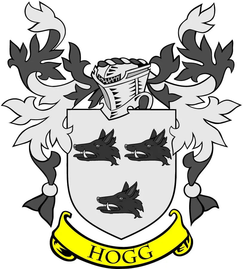 Hogg family crest magnet with shield, black boar heads, yellow banner.
