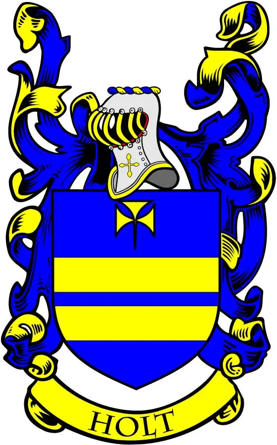 Holt family crest coat arms magnet with blue shield, yellow lions, and HOLT banner