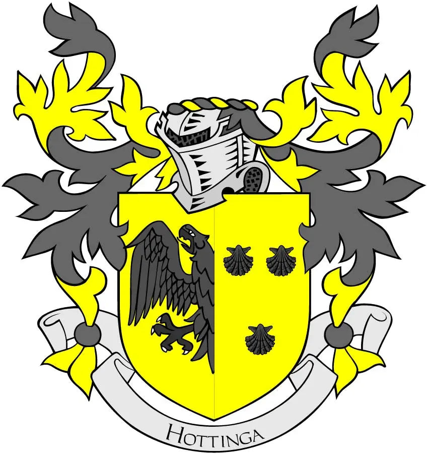 Family crest coat arms magnet, yellow and gray shield with Hottinga banner, 3-inch