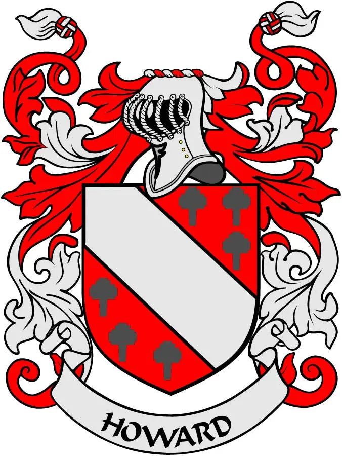 Howard family crest arms magnet: red-and-white shield with ribbon, black and gold details.