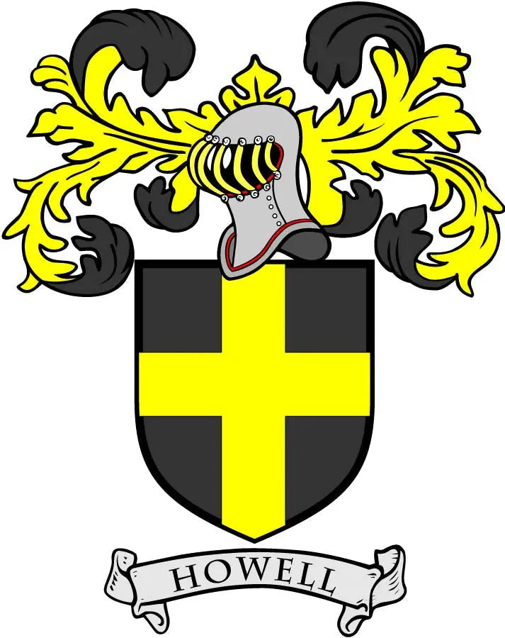 Family crest coat-of-arms magnet: black shield with yellow cross and HOWELL ribbon