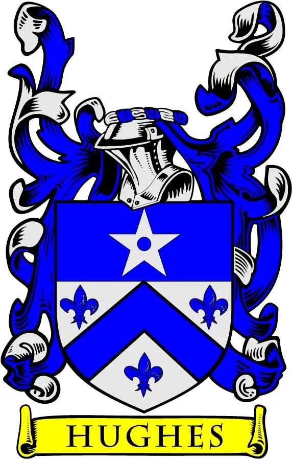 Hughes family crest arms magnet with blue shield, star, fleur-de-lis, and HUGHES scroll