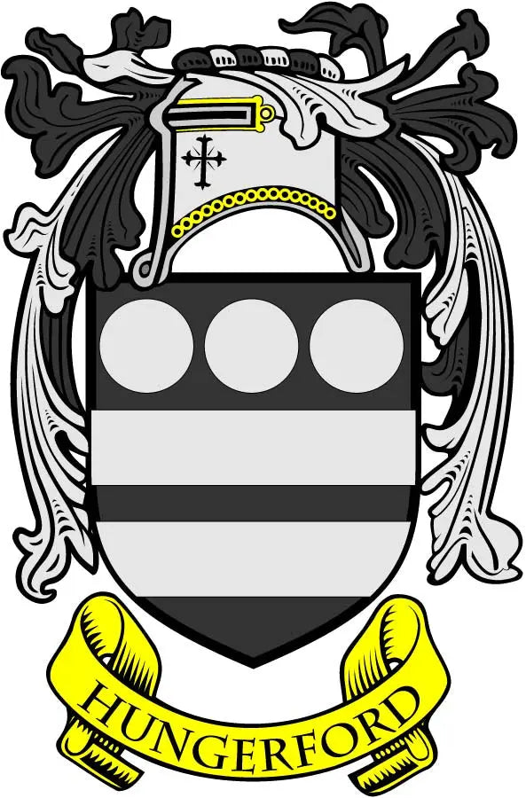 Hungerford family crest coat of arms magnet with shield and yellow banner text