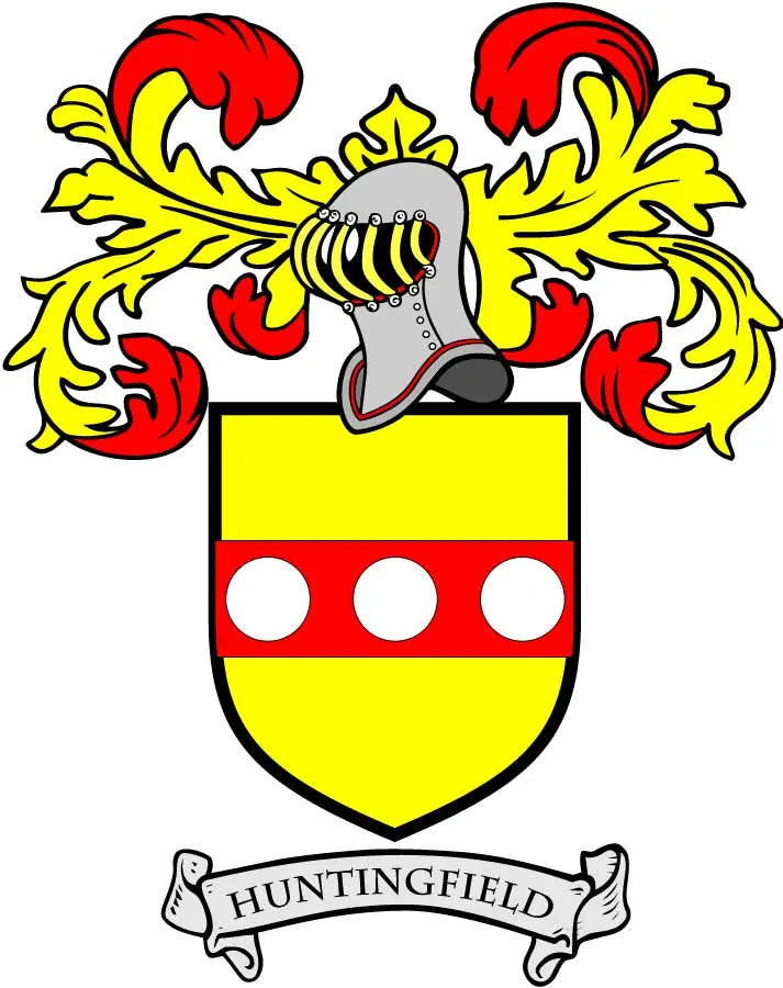 Family crest pinback with yellow shield, red top bands, white circles, and Huntingfield banner