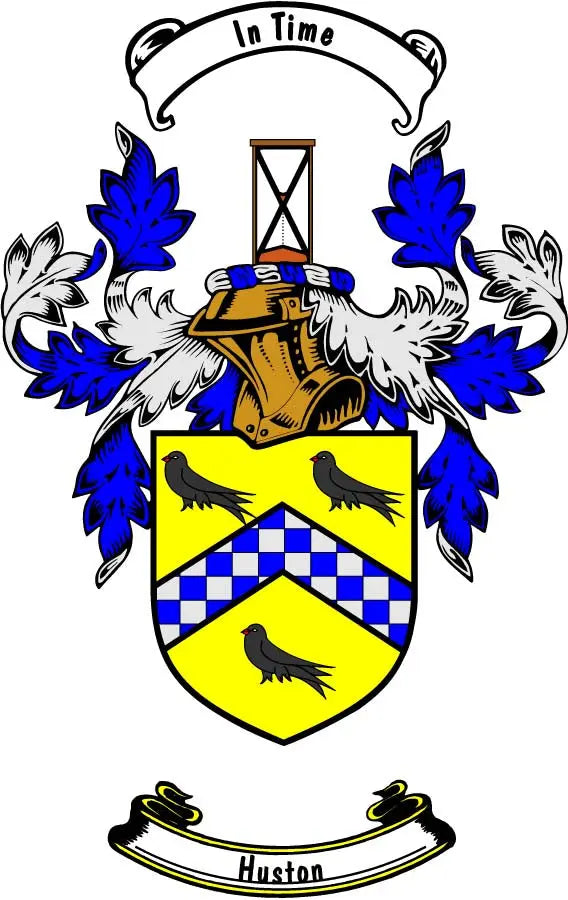 Huston family crest coat arms magnet with yellow and blue shield and bird details