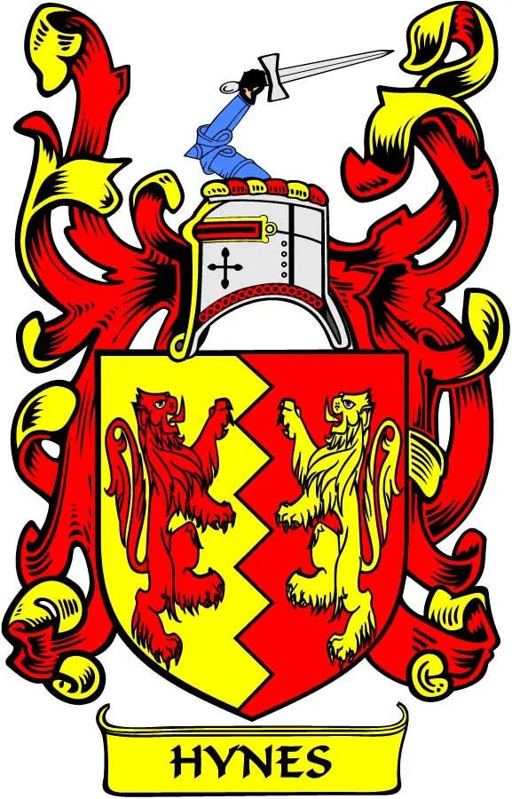 Coat of arms magnet with colorful shield and lions, red and yellow, 'HYNES' banner