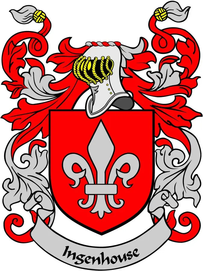 Family crest coat arms magnet with red shield, lion, and curling silver scrollwork