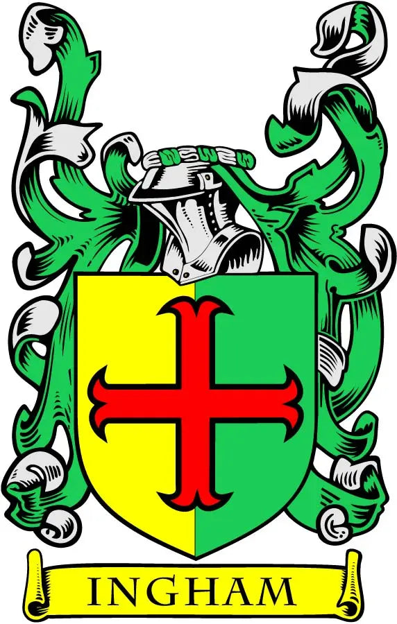 3-inch coat-of-arms magnet with green and yellow shield, red cross, and INGHAM text