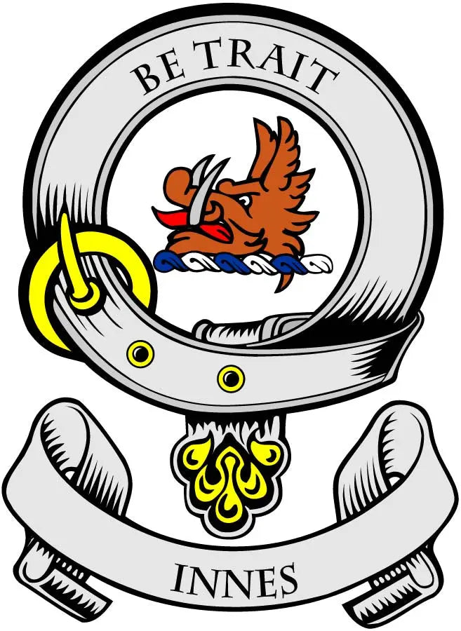Round 3-inch coat of arms magnet with Innes crest, winged lion and ribbon