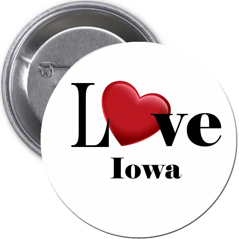 Round pinback button with “Love Iowa” text and a red heart