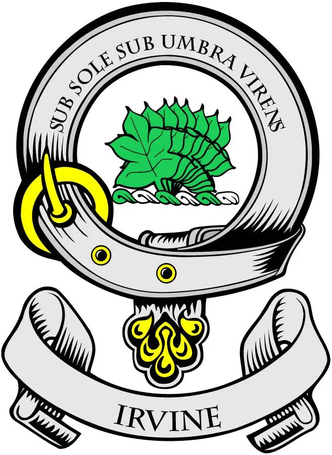 Irvine family crest arms magnet, round badge with green tree and yellow ribbon