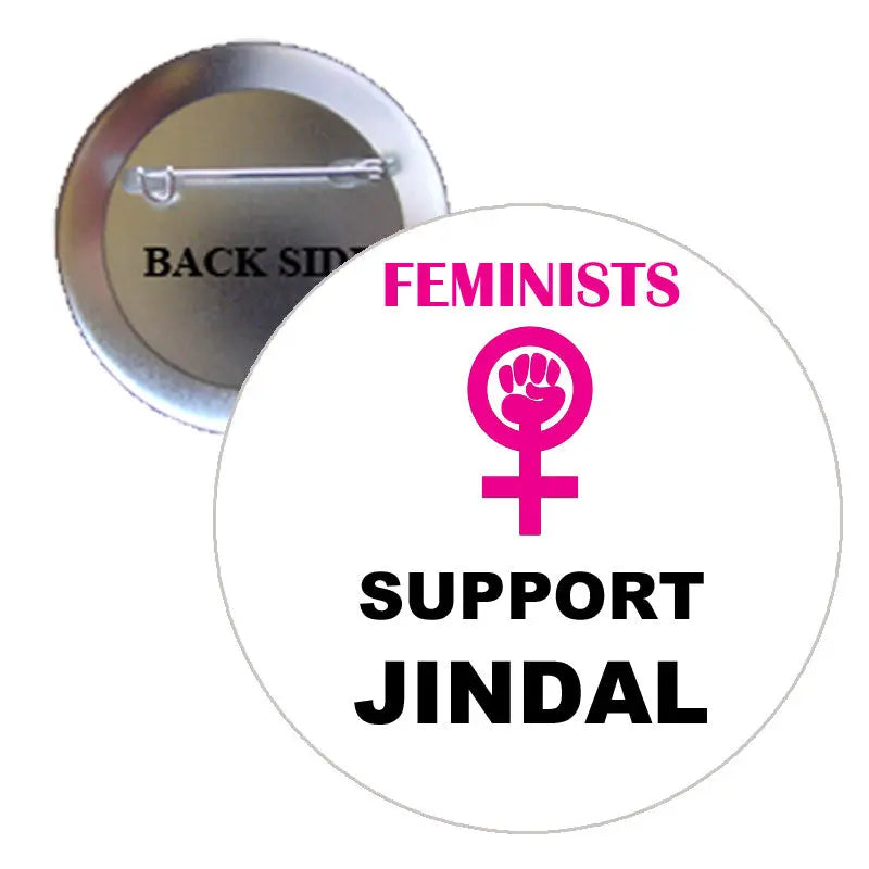 2.25-inch pinback button with pink female icon and Feminists Support Jindal text