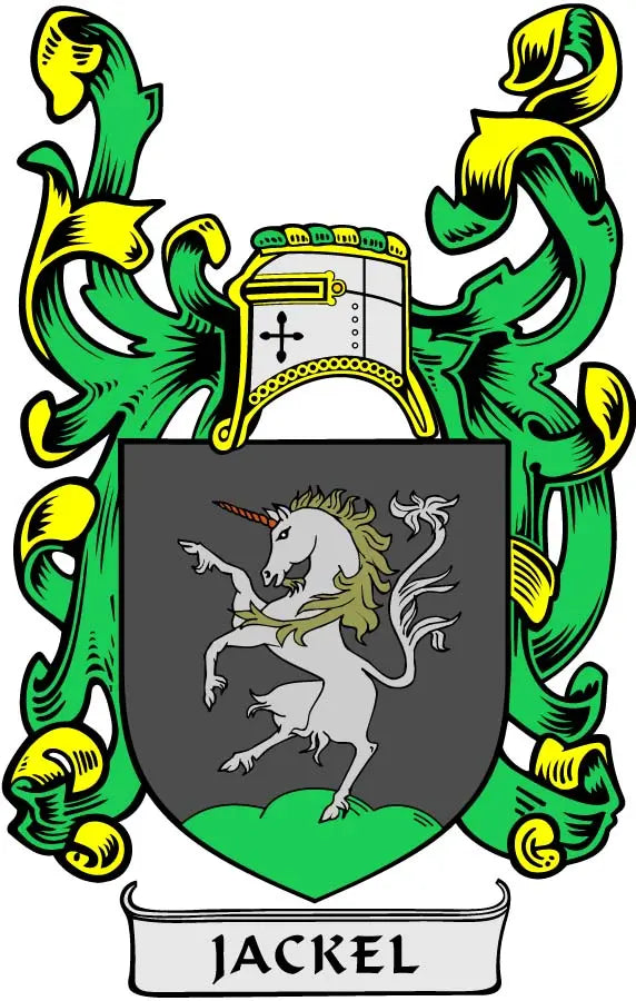 Jackel crest pinback badge with green and yellow shield, unicorn, and JACKEL text