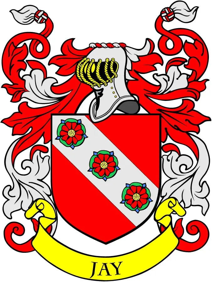 3-inch Jay family crest coat of arms magnet with red-and-white shield and JAY ribbon