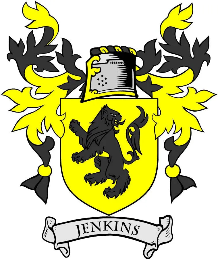 Yellow and black Jenkins family crest coat-of-arms magnet with lion and banner