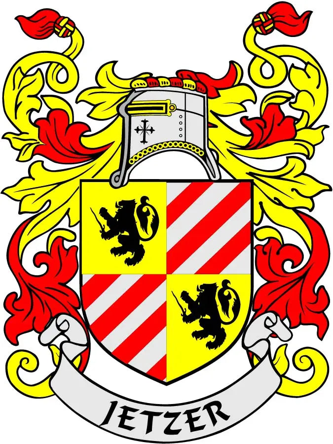 Family crest coat of arms magnet with shield, red stripes, gold lion, helmet, Jetzer
