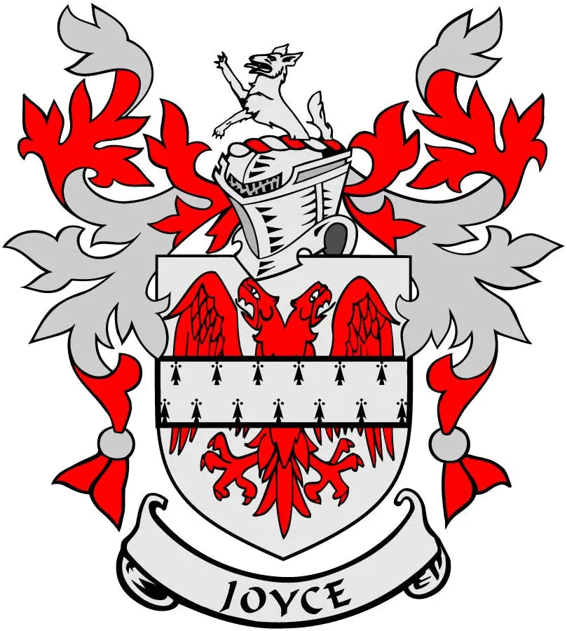 Joyce crest coat arms magnet: red flame shield with JOYCE banner, 3-inch