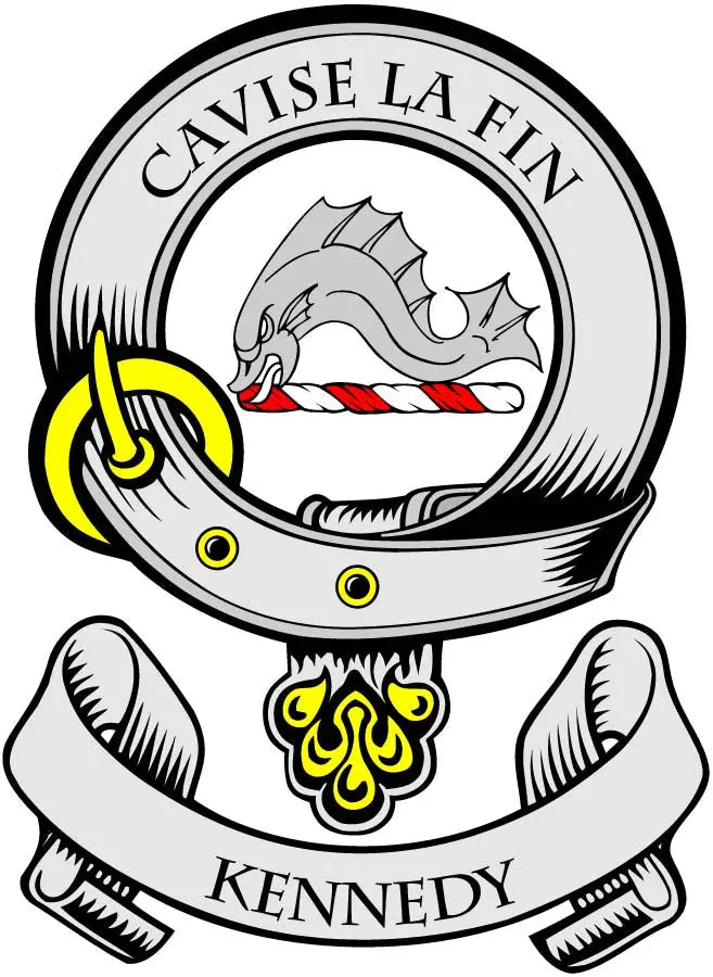 Kennedy coat of arms magnet with dragon and la fin text, round crest badge