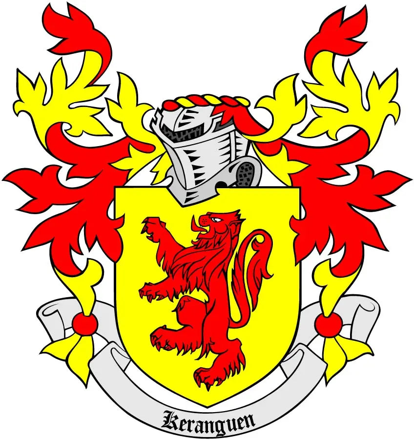 Keranguen family crest lapel pinback with yellow shield, red lion, black helmet and flames
