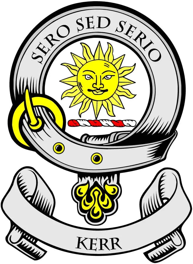 Kerr family crest coat arms magnet, circular design with sun, helmet, arms and KERR banner