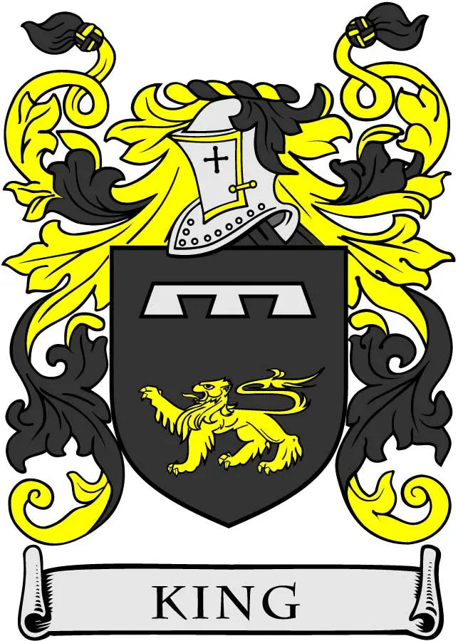 King family crest coat arms magnet: black shield with gold lion and cross, ribbon 'KING'