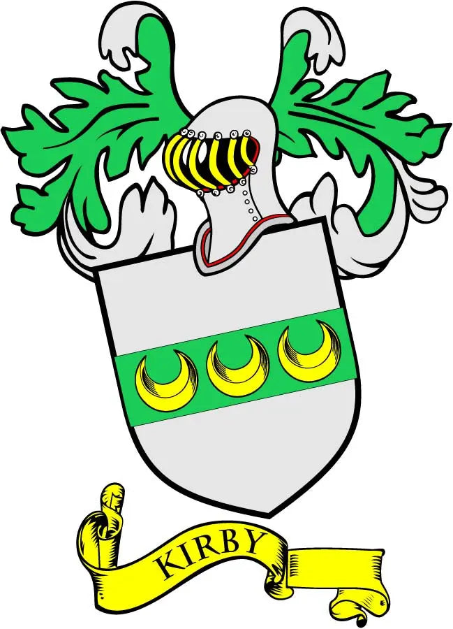 Kirby family crest coat-of-arms magnet with green leaves and KIRBY banner